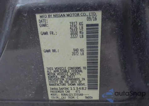 2017 Nissan Altima 2.5/2.5 S/2.5 Sl/2.5 Sr/2.5 Sv from USA, damaged, VIN 1N4AL3AP3HC113482